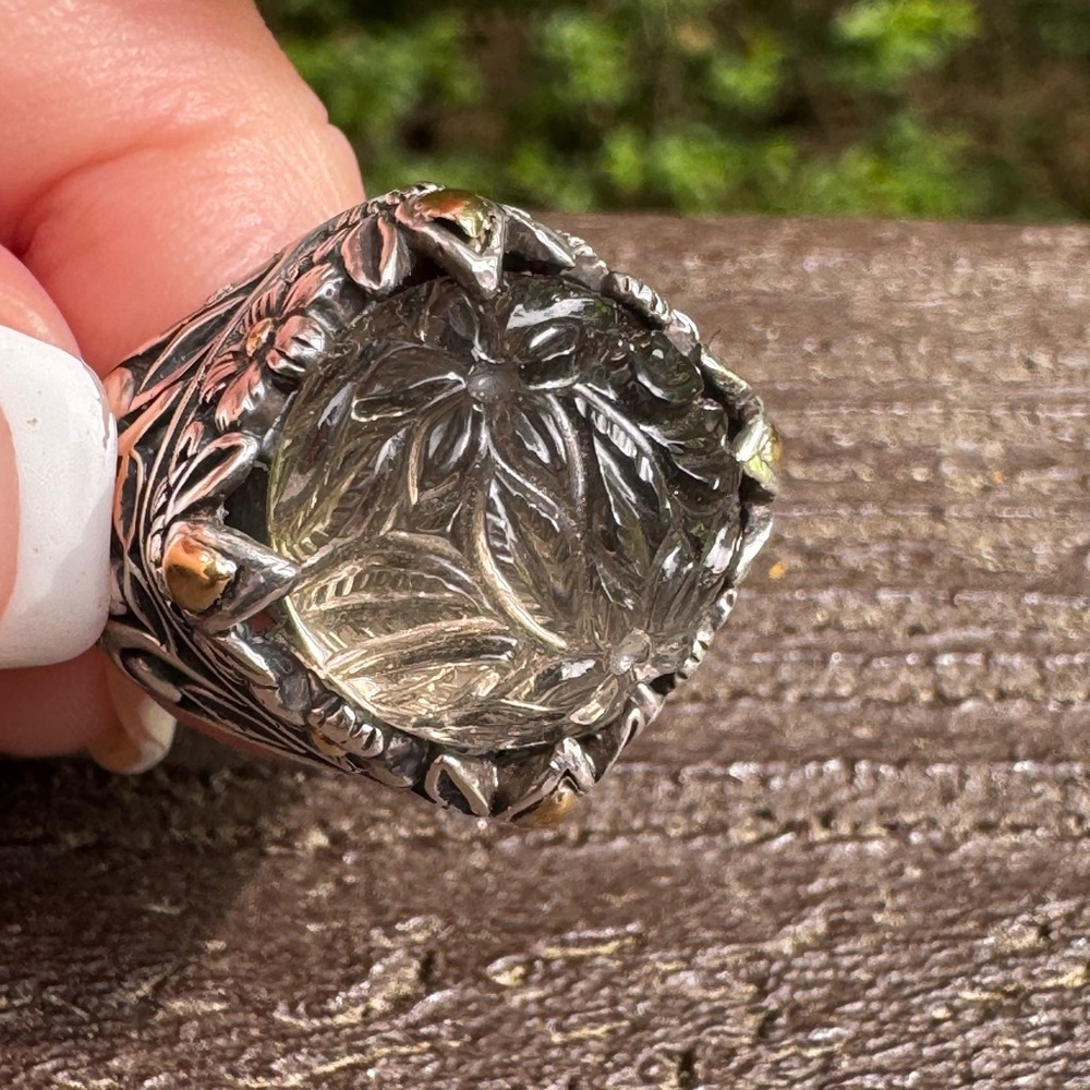 Intricate Sterling Silver 925 and 18K Carved Topaz  Ring - Picture 6 of 9